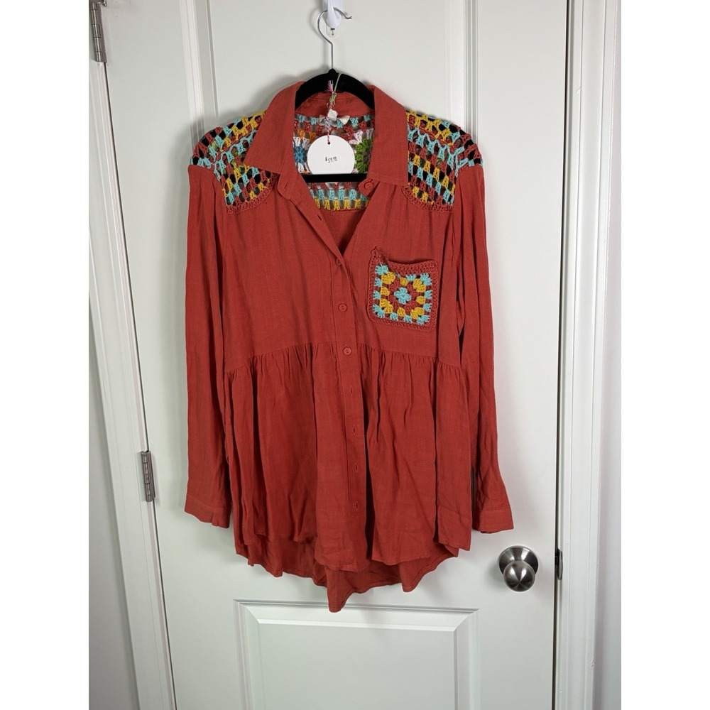 NWT! Umgee Oversized Crochet Granny Square Top Button Up Cotton Hippie Boho, Med